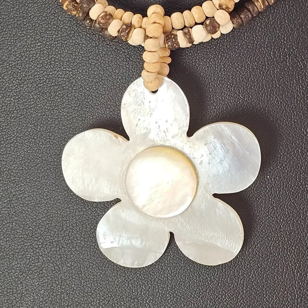 Vintage Multi-Strand Wood Bead Necklace Mother of Pearl MOP Flower Pendant Boho